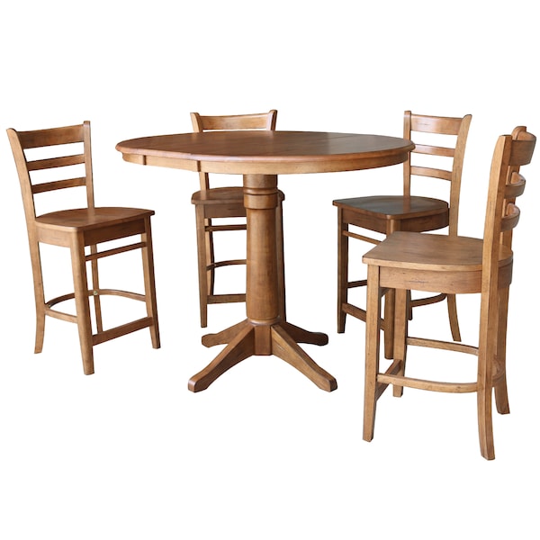 International Concepts Round 36 in Round Extension Dining Table with 4 Stools, Distressed Oak, 36 in W, 48 in L, 36.1 in H K42-36RXT-27B-S6172-4 - main